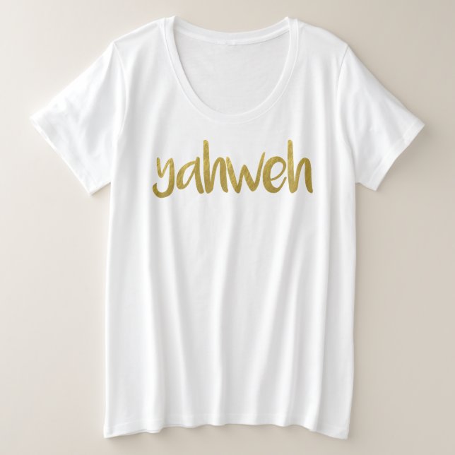 Camiseta Plus Size YAHWEH: Letra Dourada Hebraica Nome De Deus T-Shir (Frente do Design)
