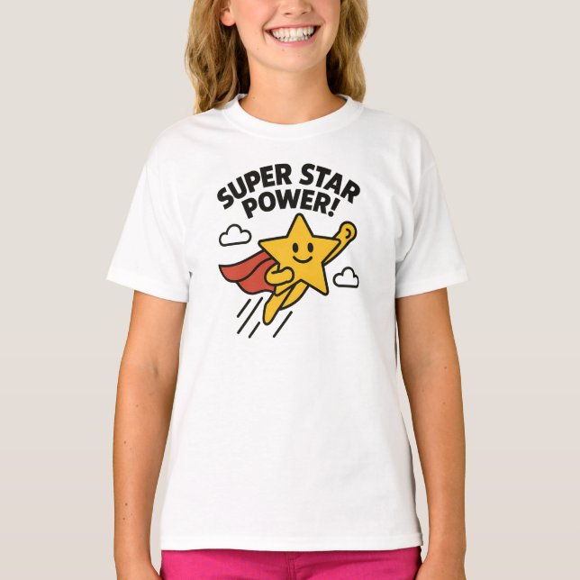 Camiseta Poder de Super Estrela Design de Herói Amarelo Fof (Frente)