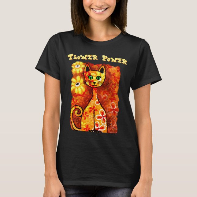 Camiseta Poder Floral Retro Caprichoso Gato Personalizado (Frente)