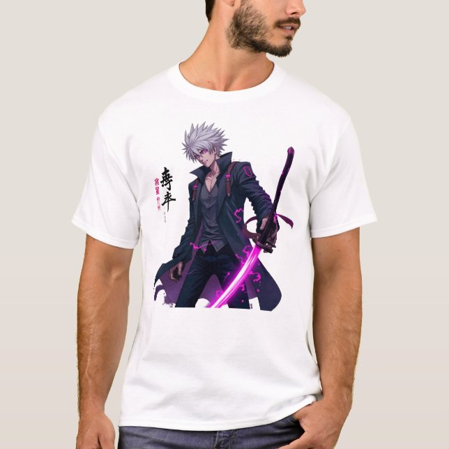 Camiseta Poderoso Guerreiro de Animação de Cabelo Branco co (Frente)