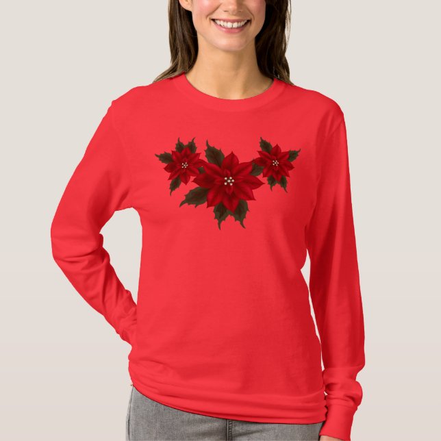 Camiseta Poinsettia Natal Hanes Deep Red LS T-Shirt (Frente)