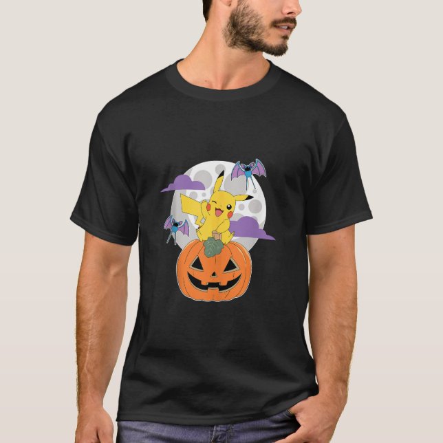 Camiseta Pok mon Halloween Abóbora Pikachu Zubats Lua Tanqu (Frente)