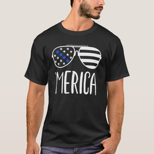 Camiseta Polícia Blue Line 4 de julho Merica Patriotic Matc (Frente)