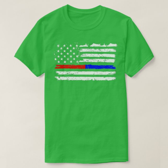 Camiseta Polícia de Bombeiro Red Blue Line Americano (Frente do Design)