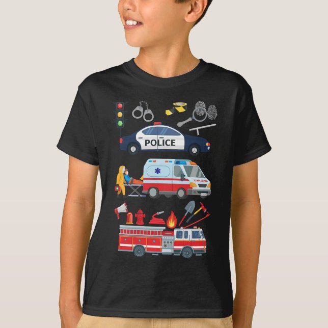 Camiseta Polícia de Crianças Ambulância com Caminhão de Fog (Frente)