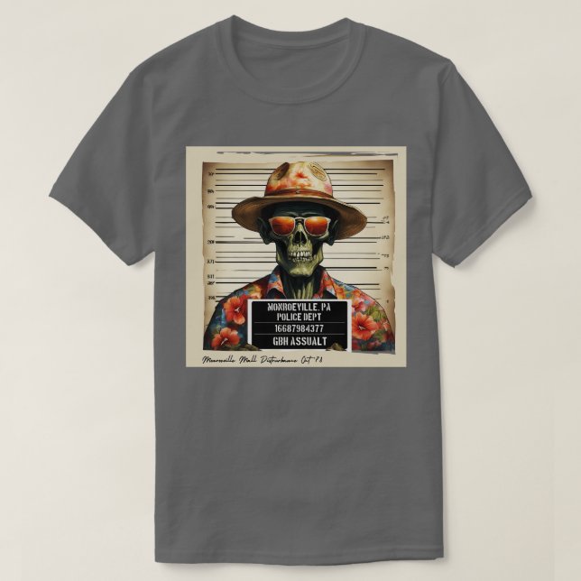 Camiseta Polícia Zombie, Mugshot, prendeu o desenvolvimento (Frente do Design)