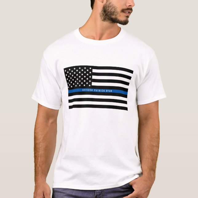 Camiseta Policial Thin Blue Line American Flag Add Name (Frente)