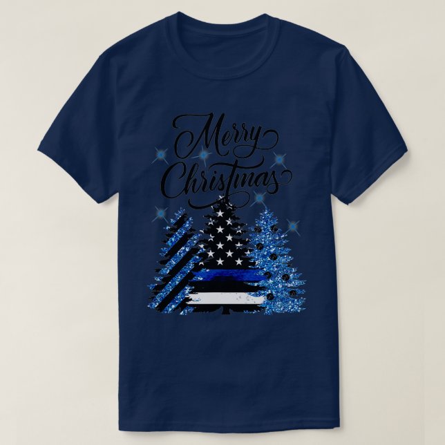 Camiseta Policial Thin Blue Line Bandeira Árvore de Natal (Frente do Design)