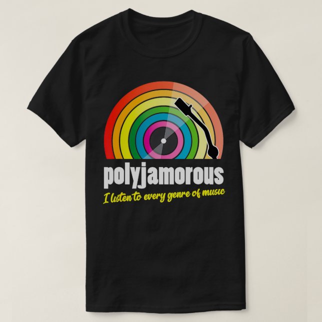 Camiseta Polijamoroso Eu escuto cada gênero de Música (Frente do Design)
