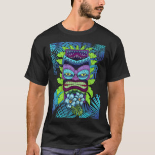 Camiseta Polinésia Tiki Mask Tropical Flowers Hawaii Luau