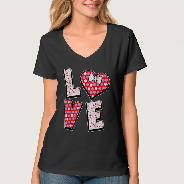 Camiseta Polka Dot Love Heart Bow Tie Valentine's Day  For  (Frente)