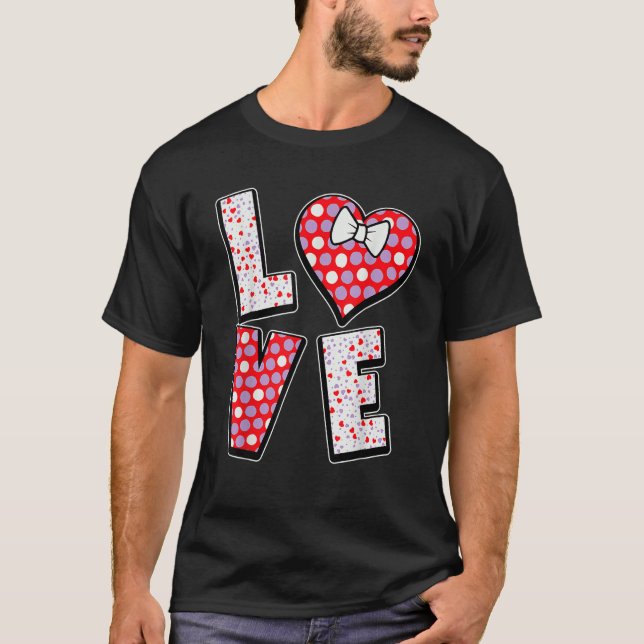 Camiseta Polka Dot Love Heart Bow Tie Valentine's Day  For  (Frente)