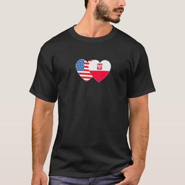 Camiseta Polônia e EUA Flag Twin Heart para Polonês America (Frente)