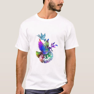 Camiseta Pomba colorida dos pássaros da paz com galho