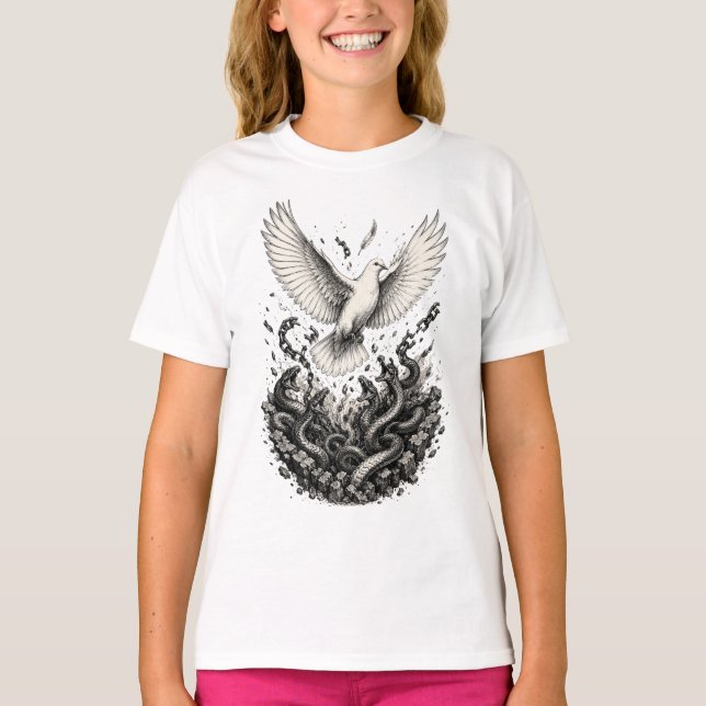 Camiseta Pomba Escapando da Cova de Cobras Preto e Branco T (Frente)