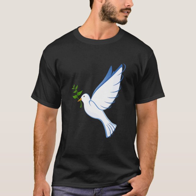 Camiseta Pomba Paz Voadora Símbolo do Ramo de Oliveira Asas (Frente)
