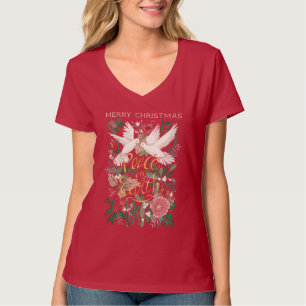 Camiseta Pombas paz na terra floral vermelho