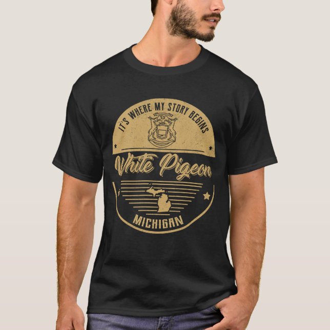 Camiseta Pombo Branco Michigan É onde minha história começa (Frente)
