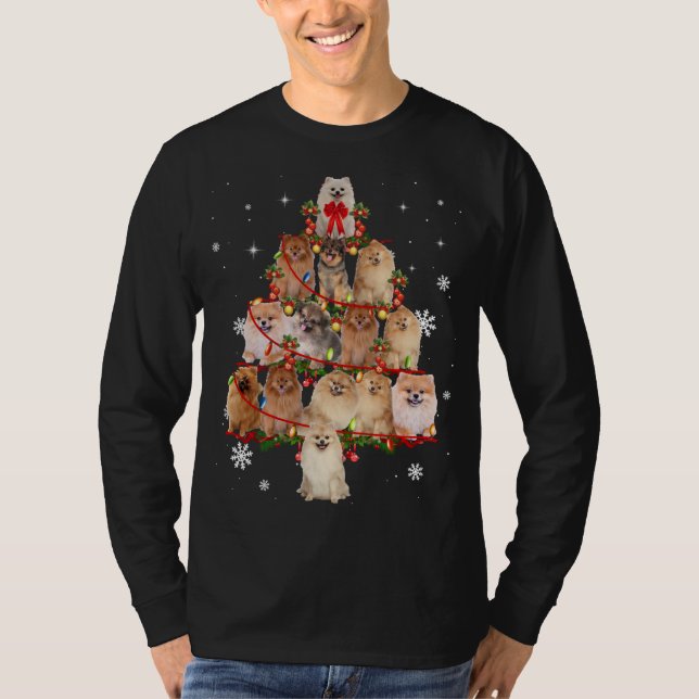 Camiseta Pomerânia Cão Árvore de Natal Ilumina Cão Engraçad (Frente)