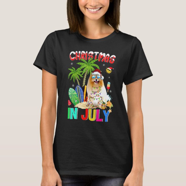 Camiseta Pomerânia em Santa Hat Sunglass Natal Em (Frente)