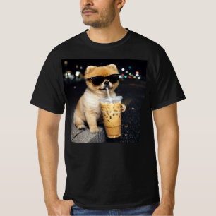 Camiseta Pomerânia Engraçada Bebendo Café Gelado Cachorro F