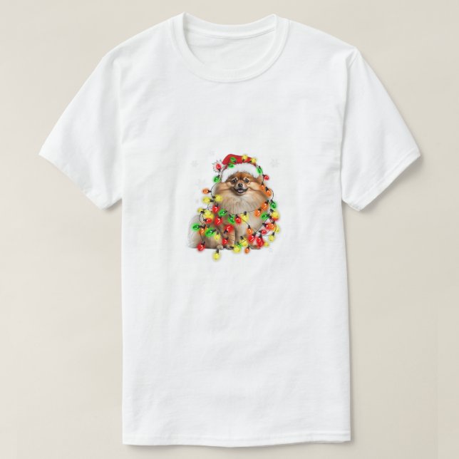 Camiseta Pomerânia molhada em luzes de Natal (Frente do Design)
