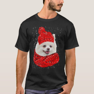 Camiseta Pomerânia Red Winter Hat Christmas Scarf Dog