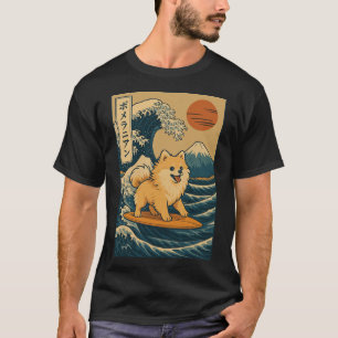 Camiseta Pomerânia Surfando Onda Japonesa _3