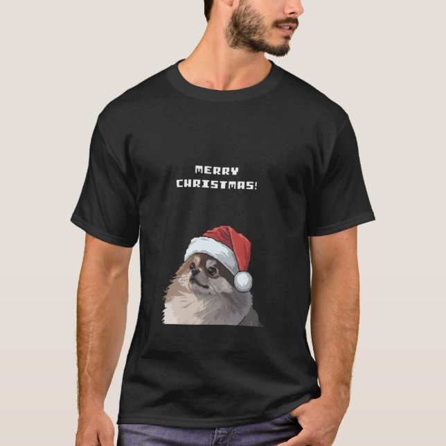Camiseta Pomeranian Dog Merry Christmas Pixel  (Frente)