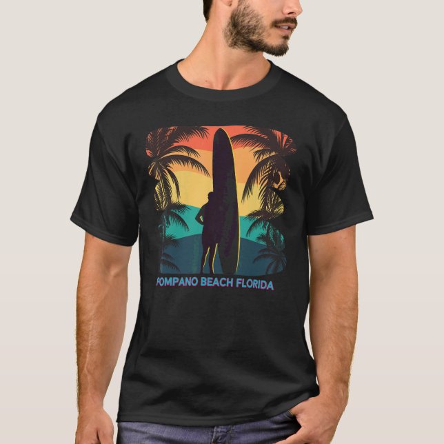 Camiseta Pompano Beach Palm Tree Surfboard S (Frente)