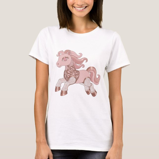 Camiseta Pônei Prateado da Moda ROSA E OURO ROSA (Frente)