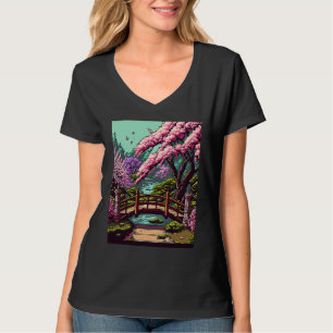 Camiseta Ponte japonesa de flor de cerejeira retro videogam