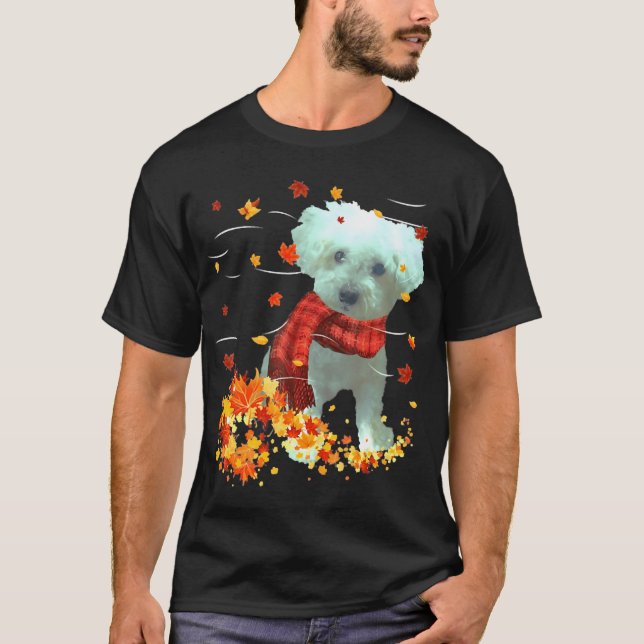 Camiseta Poochon Fall Scarf - Cães Folhas de Outono (Frente)