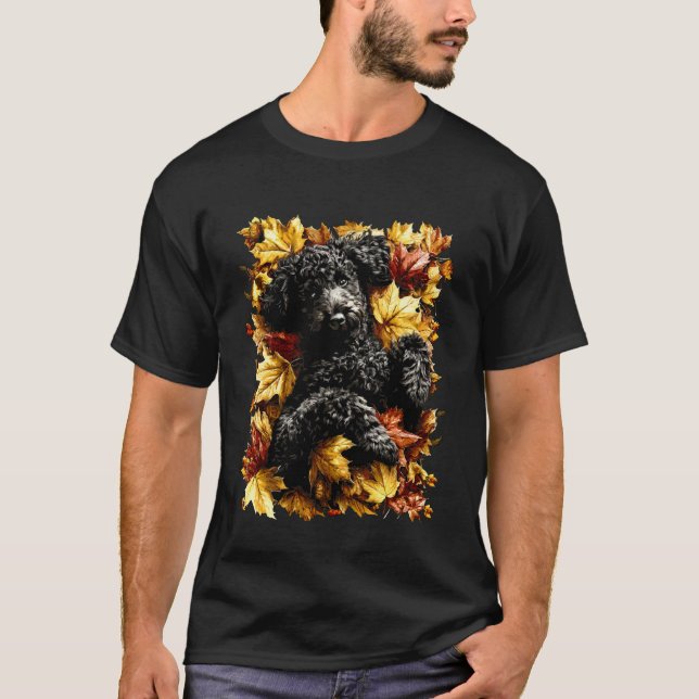 Camiseta Poodle Adorável com Vibração de Folhas de Outono (Frente)