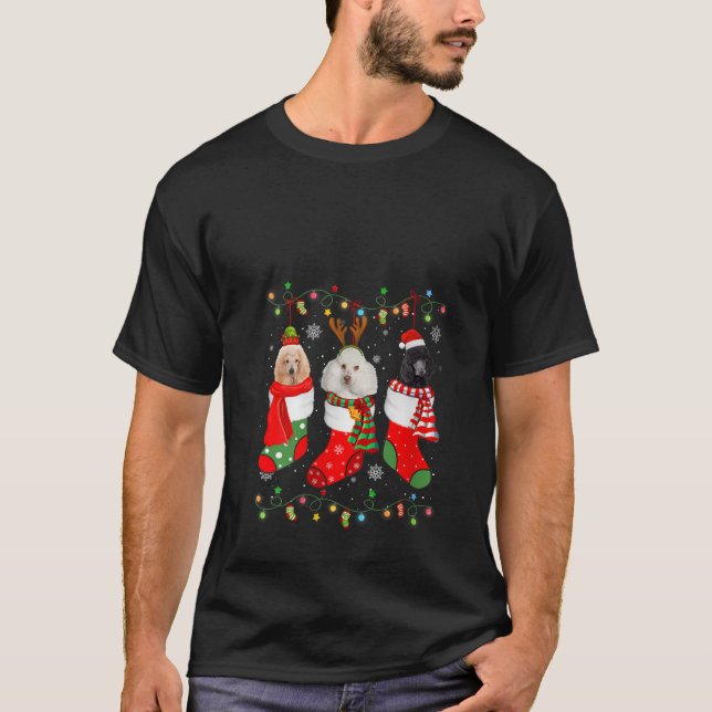 Camiseta Poodle Dog Meias de Natal Santa Hat Xmas Lights V (Frente)