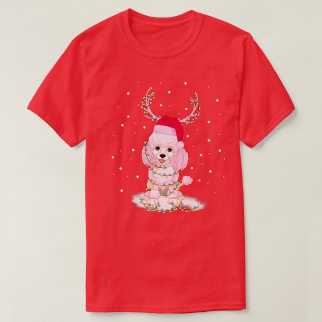 Camiseta Poodle Dog Reindeer Costume Luzes de Natal Corresp (Frente do Design)