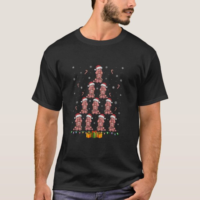 Camiseta Poodle Dog Santa Hat Xmas Luz Homens Mulheres Nata (Frente)