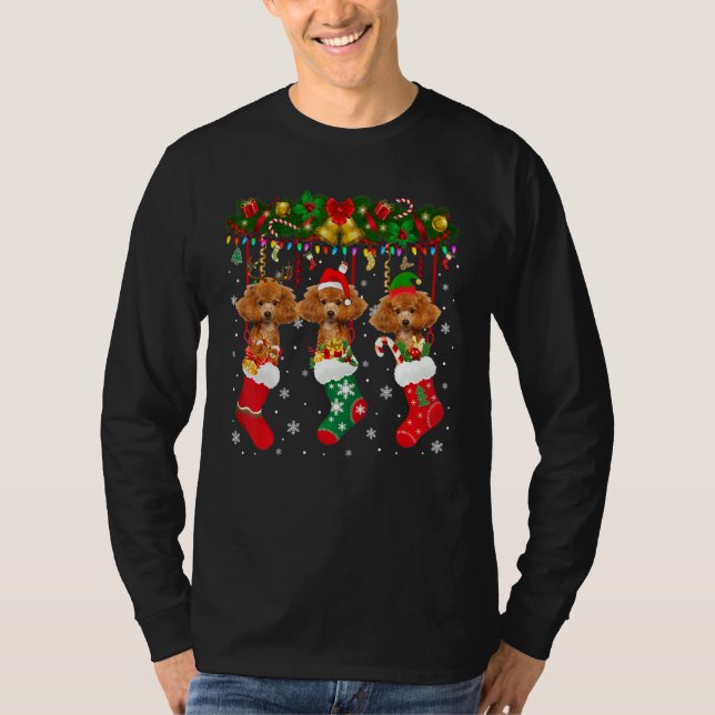 Camiseta Poodle Em Sock Xmas Reindeer Papais noeis Elf Dog (Frente)