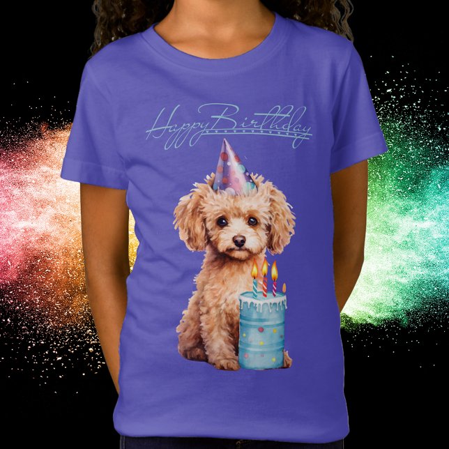 Camiseta Poodle Feliz de Aniversário com o Chapéu do Partid (Happy Birthday Poodle with Party Hat & Bday Cake T-Shirt)