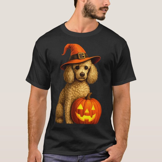 Camiseta Poodle Halloween Pumpkin Witch Hat Dog Art Family  (Frente)