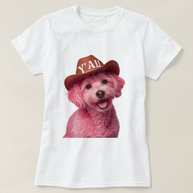 Camiseta Poodle rosa adorável em um chapéu de estilo ociden (Frente do Design)