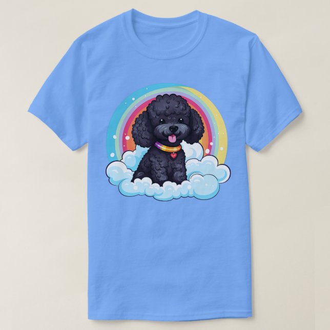 Camiseta Poodô Negro Cachorro Arco-Íris Nuvem Cachorro Cach (Frente do Design)