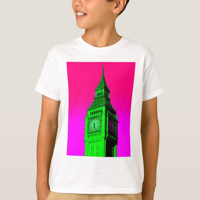 Camiseta Pop Art Big Ben London Viagem cor-de-rosa verde (Frente)
