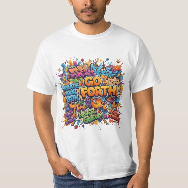Camiseta Pop Art de Grafite "Vá em Frente" (Frente)