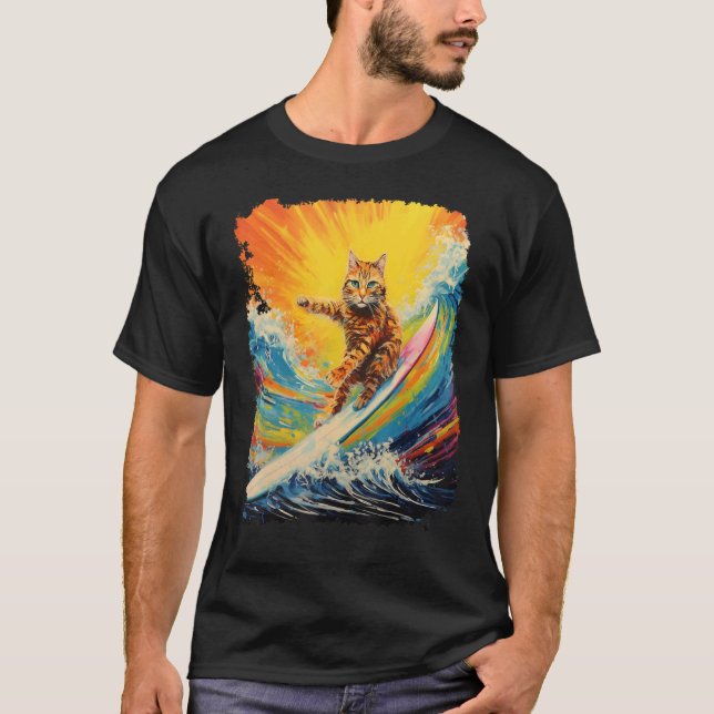 Camiseta Pop Art Laranja Gato Ginger Paddle Board Surfando (Frente)