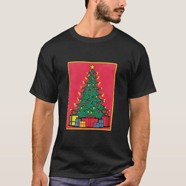 Camiseta Pop-Arte Design de Uma Árvore De Natal Com Present (Frente)