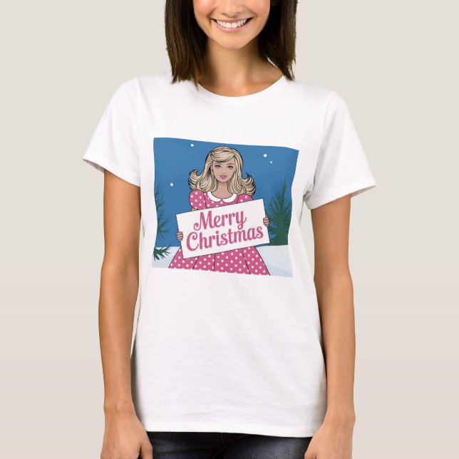Camiseta Pop cor-de-rosa Feliz Natal (Frente)