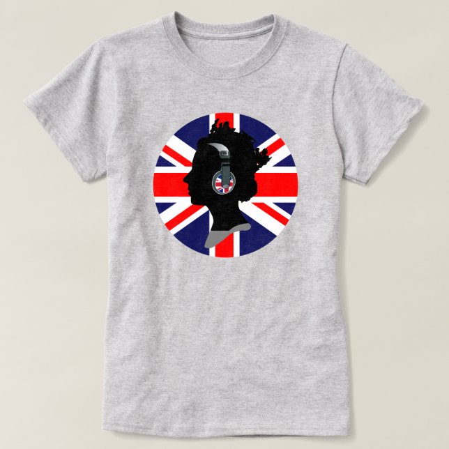 CAMISETA POP CULTURE QUEEN ELIZABETH COM FONES DE OUVIDO DE (Frente do Design)