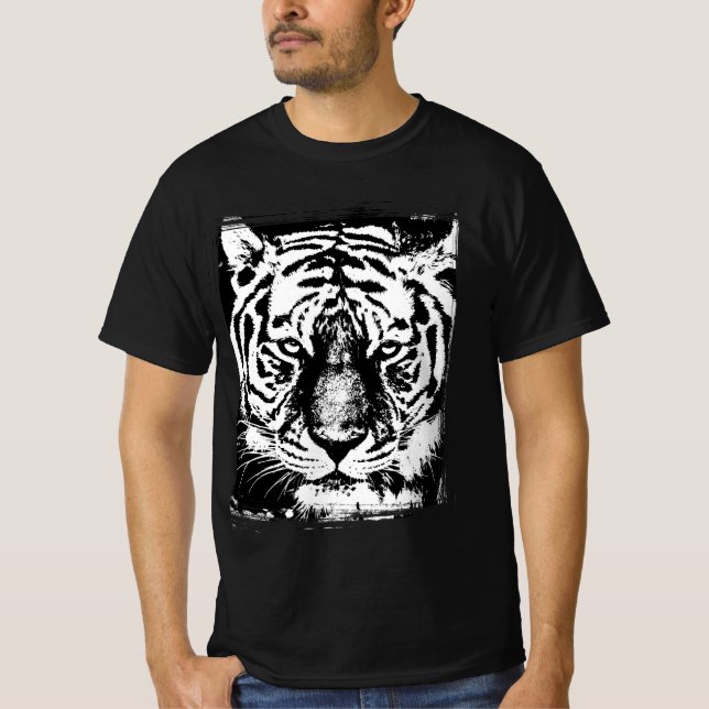 Camiseta Pop de Arte Animais Tigre Face Mens Valor Negro (Frente)