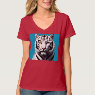 Camiseta Pop de Arte Branca de Tigre - Gato Selvagem Feroz